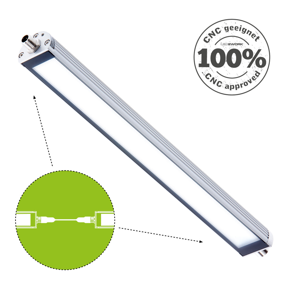 Denne Maskinlampe i Ø40mm kan serieforbindes, da den har M12 stik i begge ender, 24Vdc, TUBELED_40 II ECO, cascadable. shop.cncmidt.dk